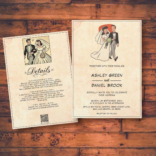 Vintag Retro Romantische Couple 50er Comic Hochzei Einladung