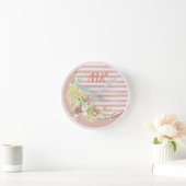 Vintag Retro Rosa Streifen Mit Monogramm Runde Wanduhr (Zuhause)