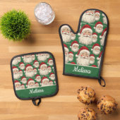 Vintag Retro Santa Face Green Ofenhandschuh & Topflappen-Set (Oben Unten)