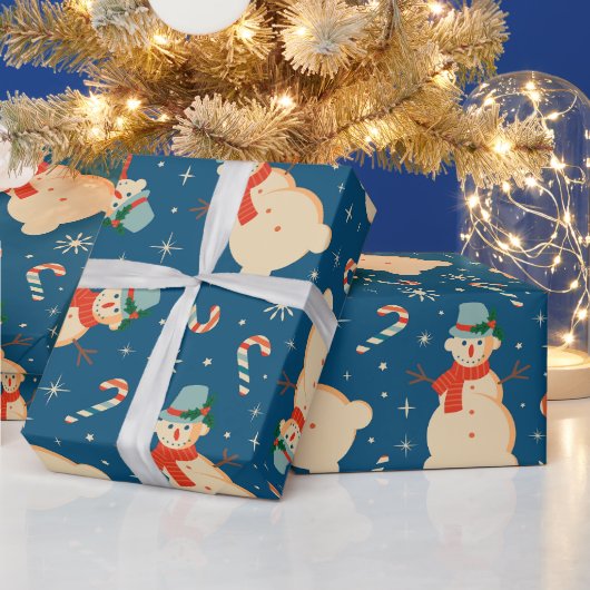 Vintag Retro Snowman und Candy Cane Blue Geschenkpapier (Feiertage)