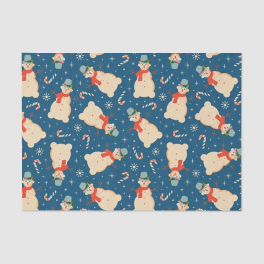 Vintag Retro Snowman und Candy Cane Blue Seidenpapier (Vorderseite)