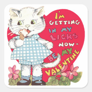 Vintag Retro Valentine's Day Cat Eating Ice Creme Quadratischer Aufkleber