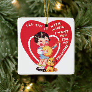 Vintag Retro Valentinstag, Boy Music Banjo Keramikornament