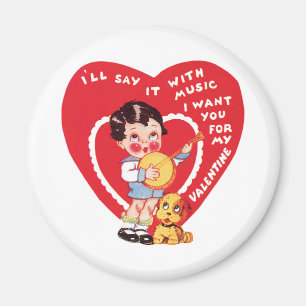 Vintag Retro Valentinstag, Boy Music Banjo Magnet