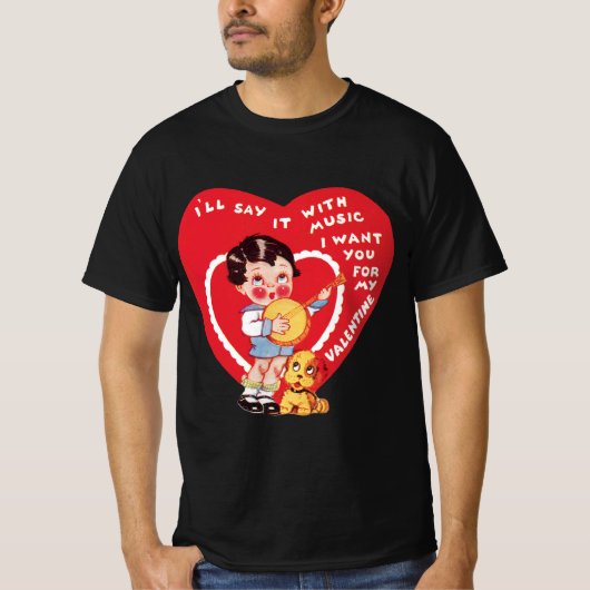 Vintag Retro Valentinstag, Boy Music Banjo T-Shirt (Vorderseite)