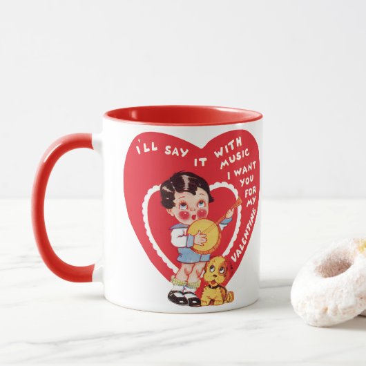 Vintag Retro Valentinstag, Boy Music Banjo Tasse (Mit Donut)