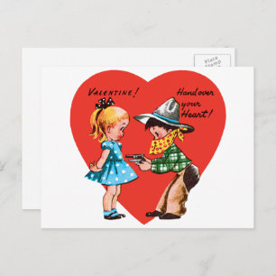 Vintag Retro Valentinstag, Mädchen mit Cowboy Feiertagspostkarte