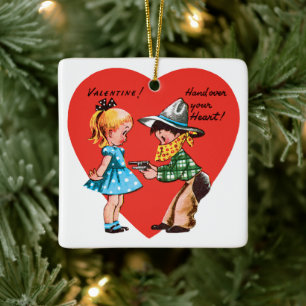Vintag Retro Valentinstag, Mädchen mit Cowboy Keramikornament