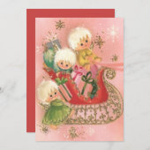 Vintag Retro WeihnachtsAngels am Schlitten Feiertagskarte (Vorne/Hinten)