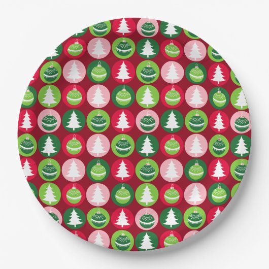 Vintag Retro Weihnachtsbäume und Ornamente Pappteller (Vorderseite)