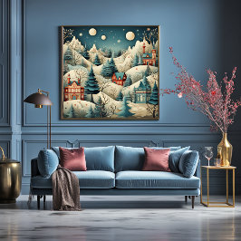 Vintag Retro Weihnachtsdorf Pine Trees Schnee Poster