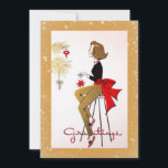 Vintag Retro Weihnachtsfrau Gold Weihnachtskarte Feiertagskarte<br><div class="desc">Eine hübsche, Vintage inspirierte Illustration, in der eine Frau in Schwarz, Gold und Rot auf einem Stuhl sitzt, der auf dem Weihnachtsbaum rote und goldene Ornamente aufhängt und unter ihr, in roter handgeschriebener Schrift, steht für "Grüße". Die Illustration ist von einem goldenen Farbrahmen mit einem subtilen weißen und goldenen Schneeflockenmuster...</div>