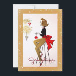 Vintag Retro Weihnachtsfrau Gold Weihnachtskarte Feiertagskarte<br><div class="desc">Eine hübsche, Vintage inspirierte Illustration, in der eine Frau in Schwarz, Gold und Rot auf einem Stuhl sitzt, der auf dem Weihnachtsbaum rote und goldene Ornamente aufhängt und unter ihr, in roter handgeschriebener Schrift, steht für "Grüße". Die Illustration ist von einem goldenen Farbrahmen mit einem subtilen weißen und goldenen Schneeflockenmuster...</div>