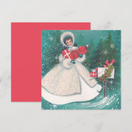 Vintag Retro Weihnachtsfrau mit Geschenken Feiertagskarte