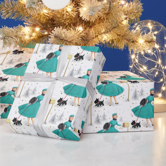 Vintag Retro Weihnachtsfrau mit Scotty Dog Geschenkpapier (Feiertage)