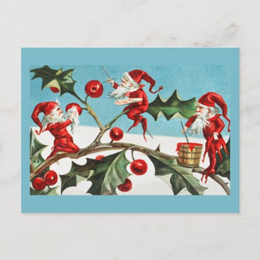 Vintag Retro Weihnachtskarte Holly & Pixies Feiertagspostkarte (Vorderseite)