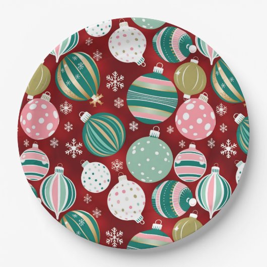 Vintag Retro Weihnachtsschmuck und Schneeflocken Pappteller (Vorderseite)