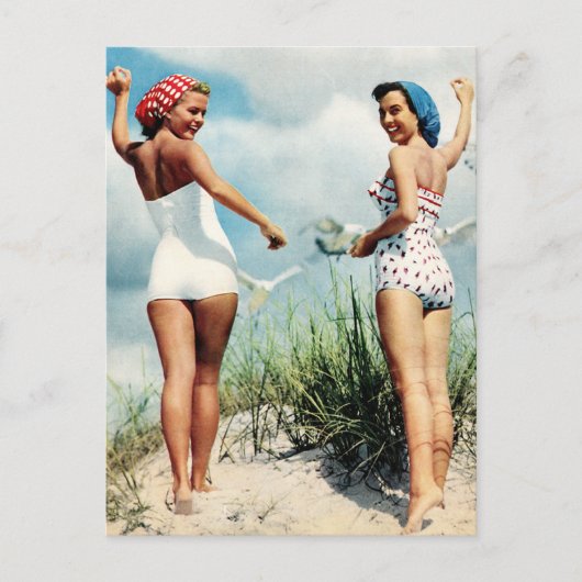 Vintag Retro Women 60er Surfing Beach Girls Postkarte (Vorderseite)