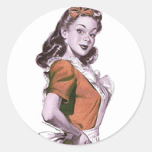 Vintag Retro Women Kitsch Happy Hausfrau Runder Aufkleber (Vorderseite)