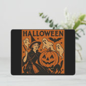 Vintag/Retrokatze, Gespenst, Kürbis & Hexe Einladung (Stehend Vorderseite)