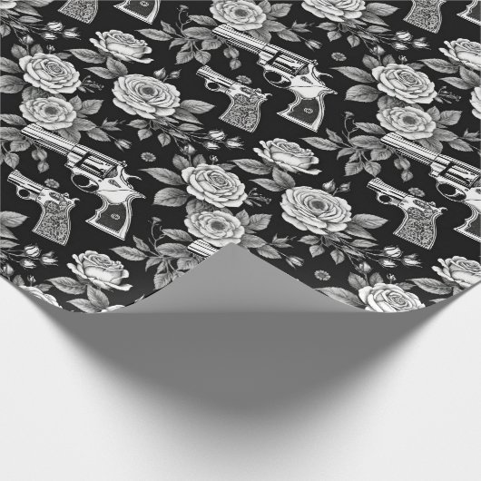 Vintag Revolver Blumendarstellung Schwarz-weiß Geschenkpapier (Ecke)