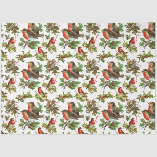 Vintag Robin Bird Holly Berries Winter Seidenpapier (Vorderseite)