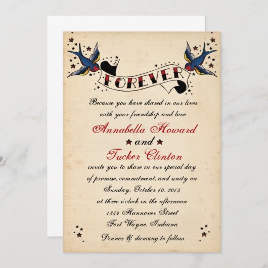Vintag Rockabilly Tattoo Hochzeit Einladung (Vorne/Hinten)