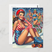 Vintag-Roller-Girl-Illustration Postkarte (Vorne/Hinten)