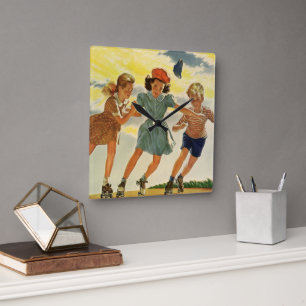 Vintag Roller Skaten Fun Children Boys and Girls Quadratische Wanduhr