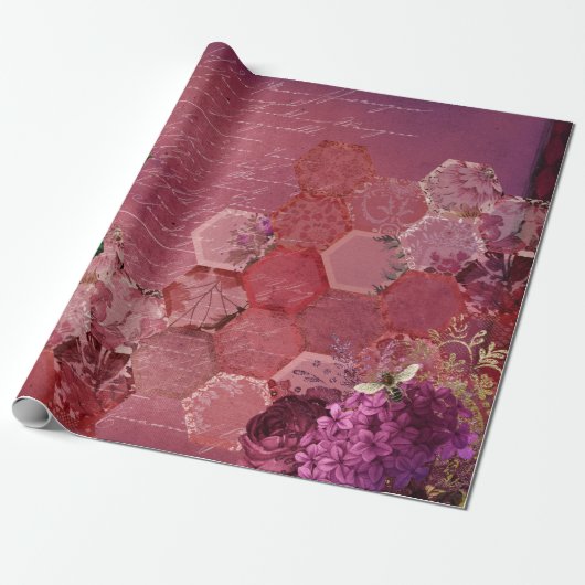 Vintag Romantische Bienenflora Burgundy Gold Geschenkpapier (Ungerollt)