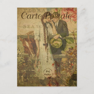 Vintag Romantische Couple Pink Roses Französisch Postkarte