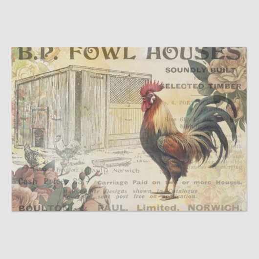 Vintag Rooster Hen House Advert Decoupage Seidenpapier (Vorderseite)