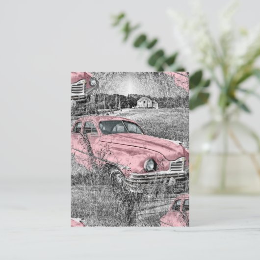 Vintag rosa Auto Postkarte (Stehend Vorderseite)