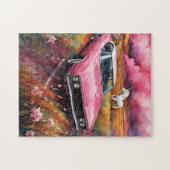 Vintag rosa Auto und Einhorn auf einer Wiese Puzzle (Horizontal)