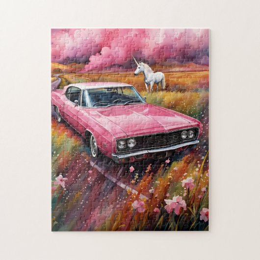 Vintag rosa Auto und Einhorn auf einer Wiese Puzzle (Vertikal)