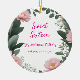 Vintag rosa Blume grüner Eukalyptus 16. Geburtstag Keramik Ornament