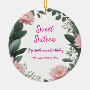 Vintag rosa Blume grüner Eukalyptus 16. Geburtstag Keramik Ornament