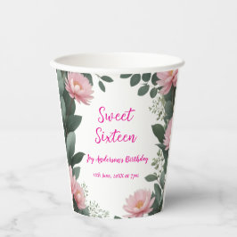 Vintag rosa Blume grüner Eukalyptus 16. Geburtstag Pappbecher