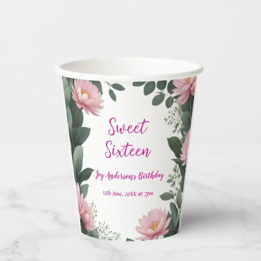 Vintag rosa Blume grüner Eukalyptus 16. Geburtstag Pappbecher (Vorderseite)