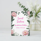 Vintag rosa Blume grüner Eukalyptus 16. Geburtstag Postkarte (Stehend Vorderseite)