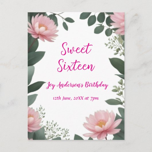 Vintag rosa Blume grüner Eukalyptus 16. Geburtstag Postkarte (Vorderseite)