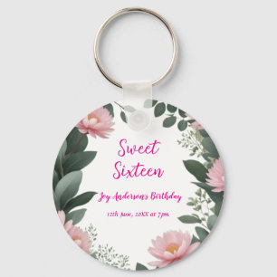 Vintag rosa Blume grüner Eukalyptus 16. Geburtstag Schlüsselanhänger