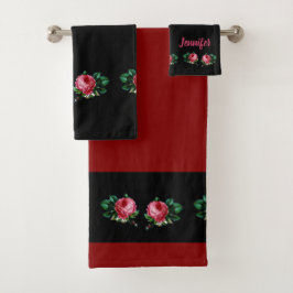 Vintag rosa Blume individuelle Name schwarz Badhandtuch Set