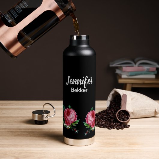 Vintag rosa Blume individuelle Name schwarz Trinkflasche (Kaffee)