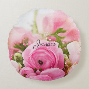 Vintag rosa Blume mit Ihrem Namen Rundes Kissen