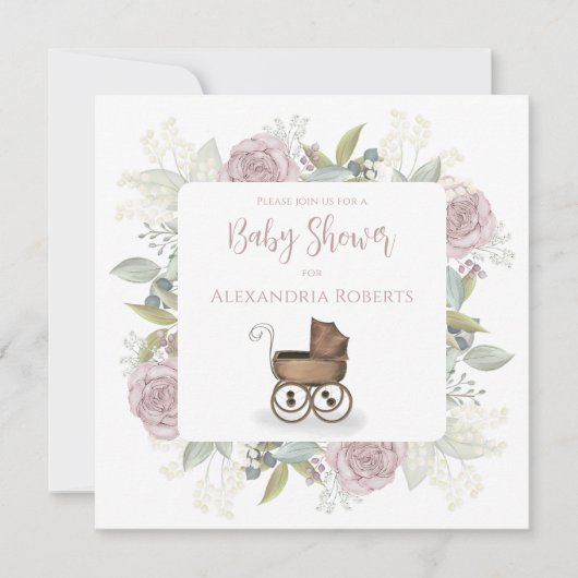 Vintag rosa Blumengiftschrift QR-Code Einladung (Vorderseite)