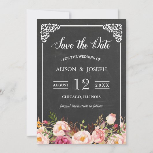 Vintag rosa Blumenkhalkartone Save the Date (Vorderseite)