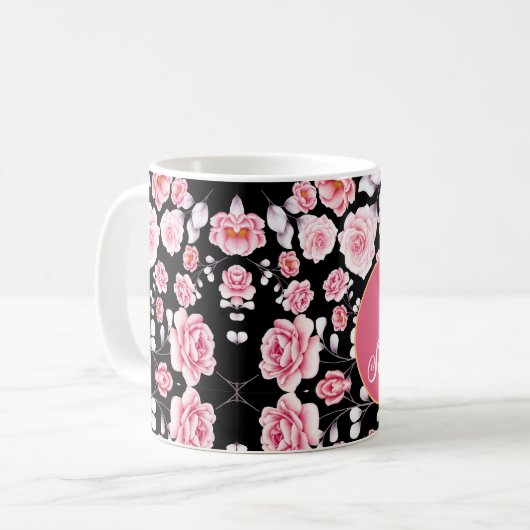 Vintag rosa Blumenmuster Mit Monogramm Kaffeetasse (Vorderseite Links)