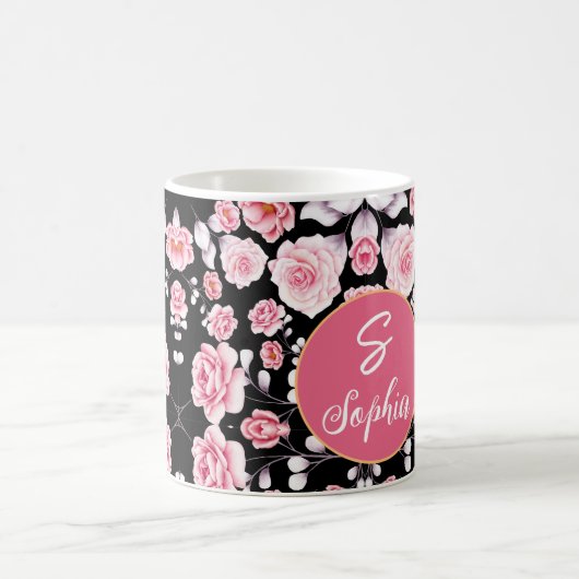 Vintag rosa Blumenmuster Mit Monogramm Kaffeetasse (Mittel)