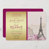 Vintag rosa Blüten Eiffelturm Gold & Burgund Einladung (Vorne/Hinten)
